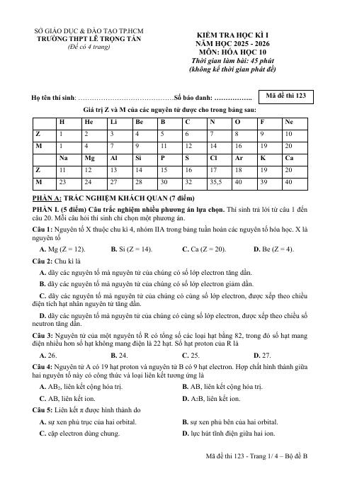 Đề thi Học kì 1 Hóa học 10 năm 2025-2026 trường THPT Lê Trọng Tấn (TP Hồ Chí Minh)